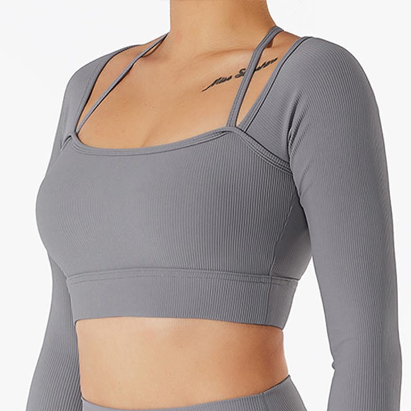 Ribbed Long Sleeve Crop Top T-shirt Shorts Sports Fitness Gym Yoga Outfits