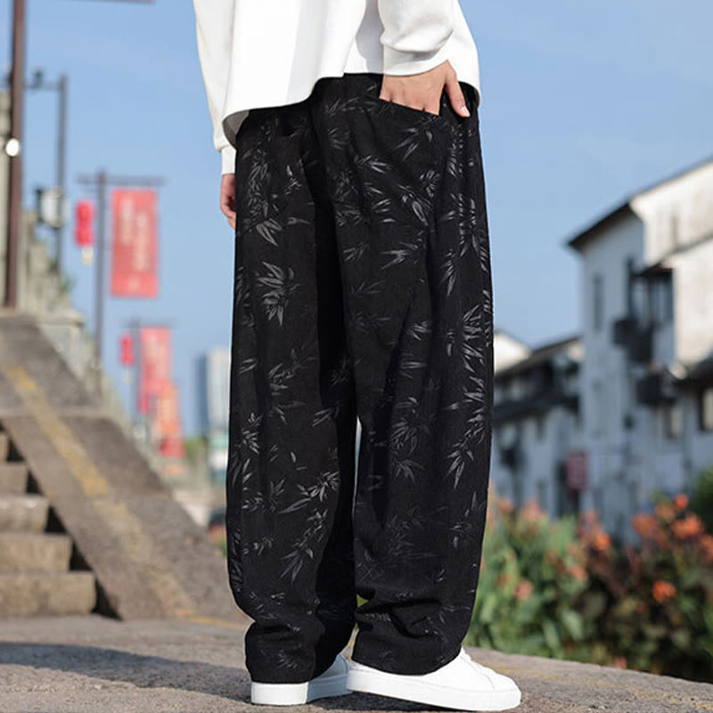 Embroider Leaves Casual Cotton Men's Pants With Pockets