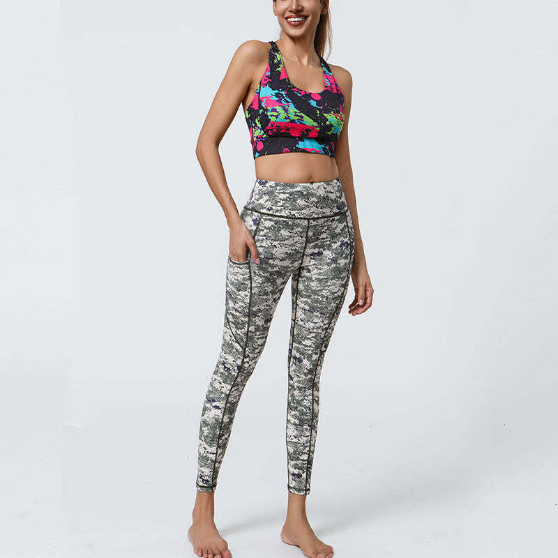 Rose Lines Tiger Leopard Print Sports Fitness High Waist Leggings Women's Yoga Pants With Pockets