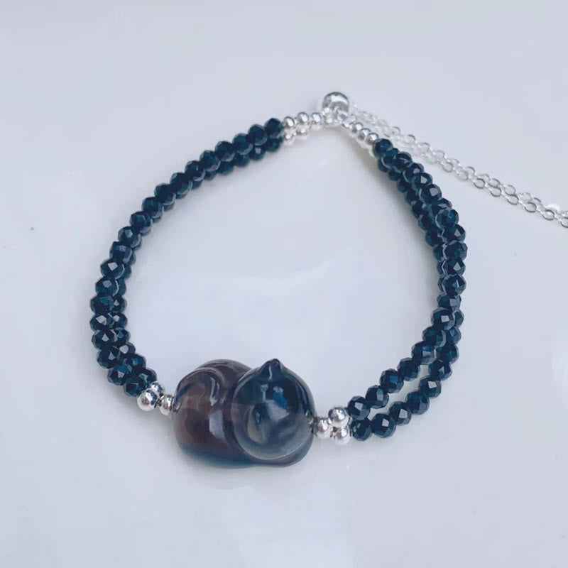 Ice Obsidian Black Spinel Lying Cat Courage Double Layer Bracelet