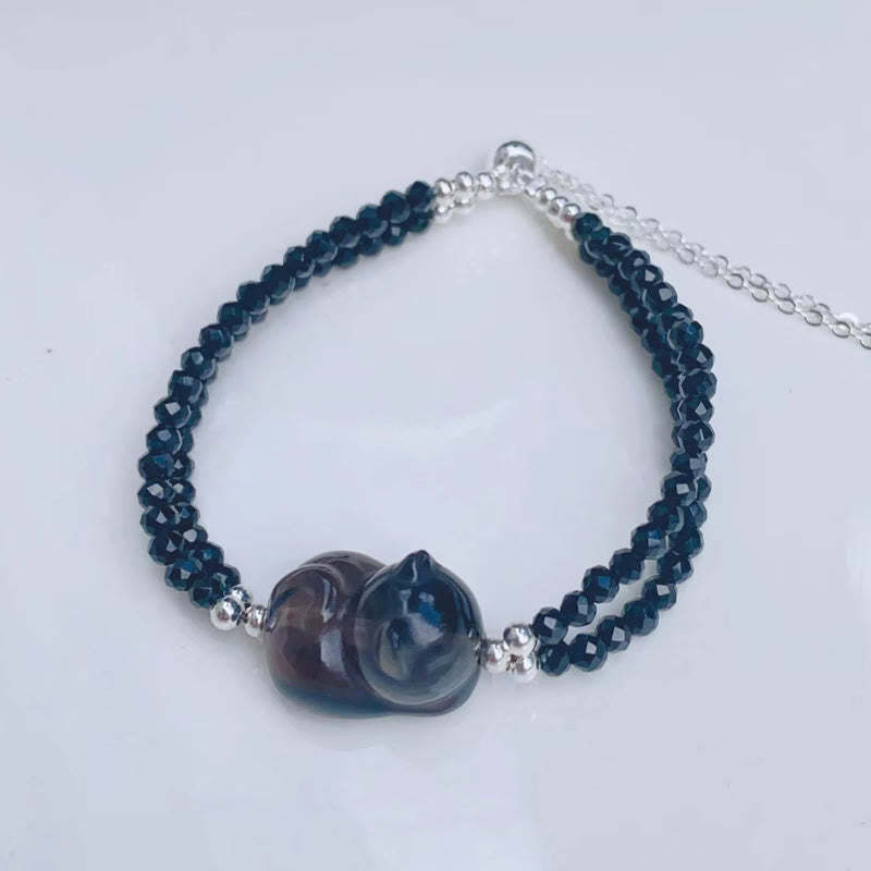 Ice Obsidian Black Spinel Lying Cat Courage Double Layer Bracelet