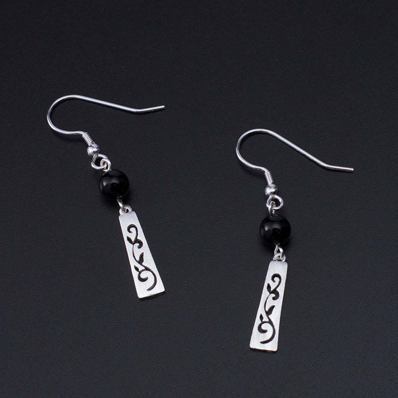 925 Sterling Silver Black Onyx Hollow Vine Protection Drop Earrings