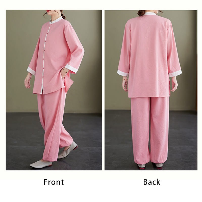 2Pcs Vintage Long Sleeve Shirt Top Pants Meditation Zen Tai Chi Cotton Linen Clothing Women's Set