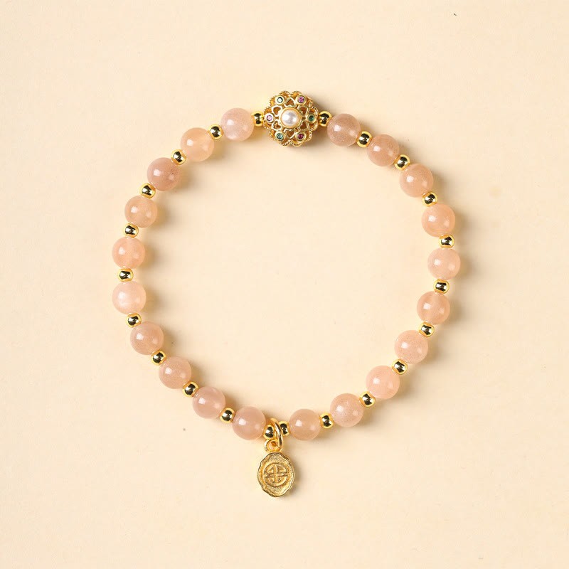 14K Gold Plated Natural Strawberry Quartz Labradorite Sun Stone Fu Character Positive Charm Bracelet