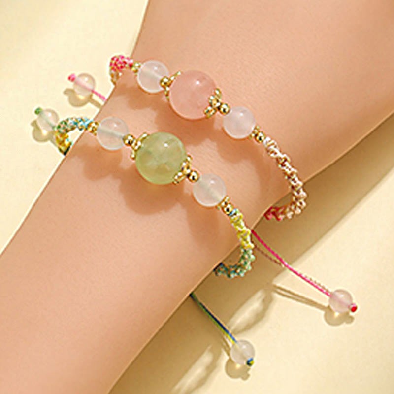 Strawberry Quartz Pink Crystal Prehnite White Agate Bead Healing Rope Bracelet