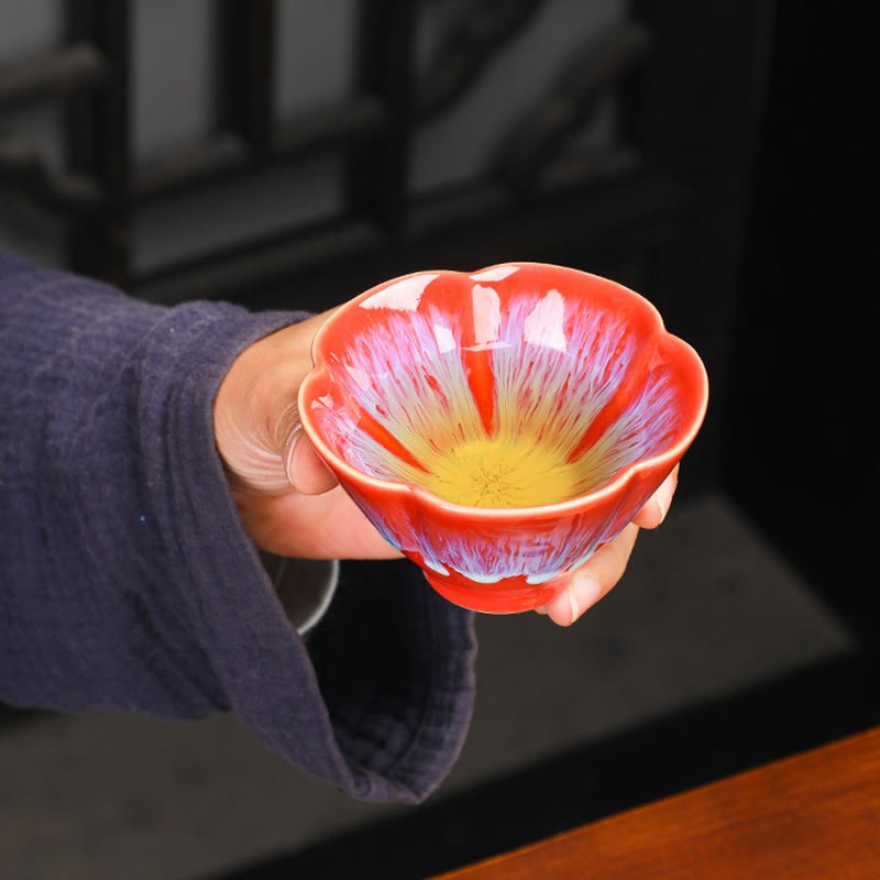 6Pcs Plum Blossom Petal Pattern Chinese Jianzhan Kiln Change Ceramic Teacup Kung Fu Tea Cup Bowl With Gift Box