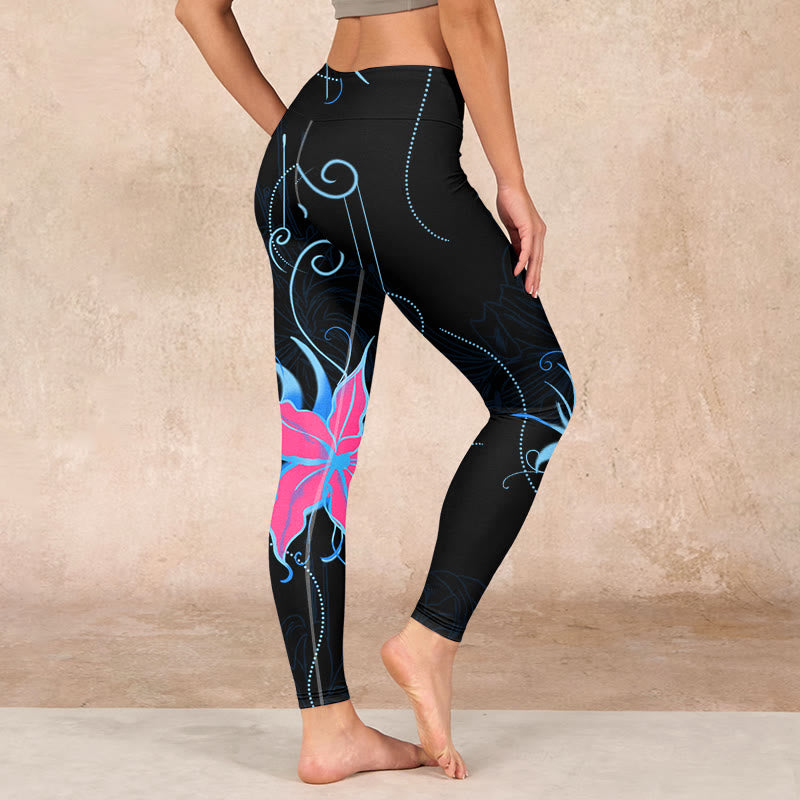 Black Pink Blue Flowers Print Fitness Leggings Women's Yoga Pants