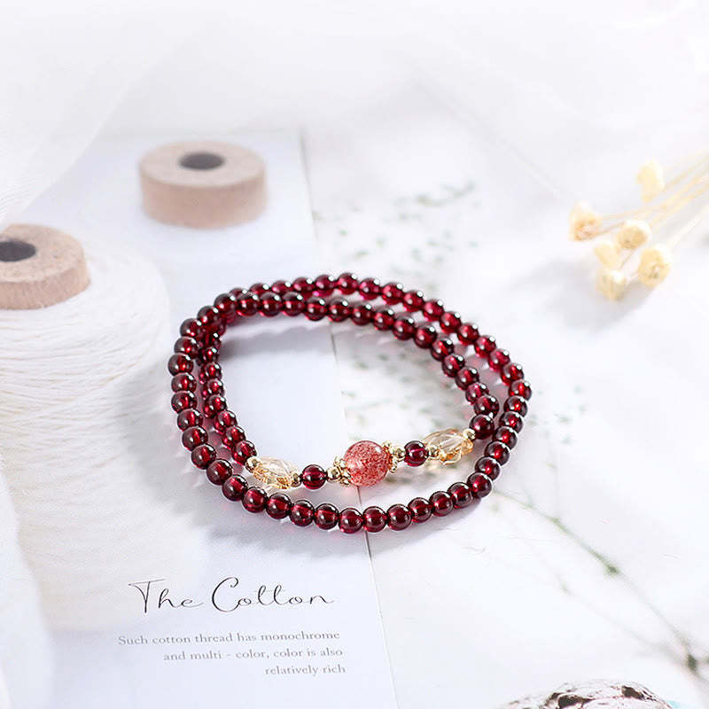 14K Gold Plated Natural Garnet Strawberry Quartz Butterfly Protection Double Wrap Bracelet