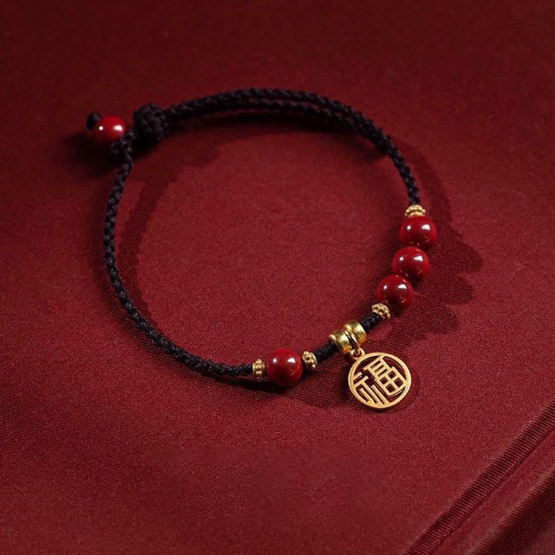 Cinnabar Bead Fu Character Charm Blessing Braided String Bracelet