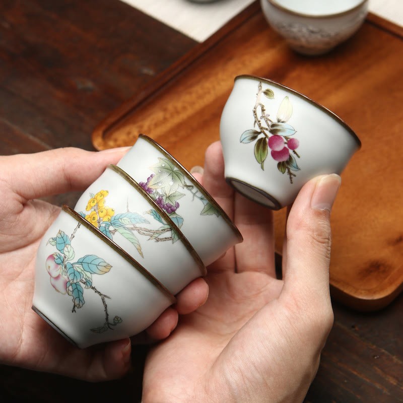 Loquat Lychee Snow Scenery Landscape Grape Apple Ceramic Teacup Kung Fu Tea Cup