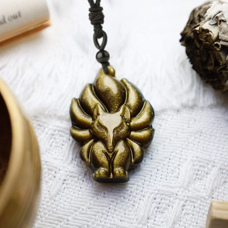 Natural Fluorite Gold Sheen Obsidian Fox Pendant Protection Necklace
