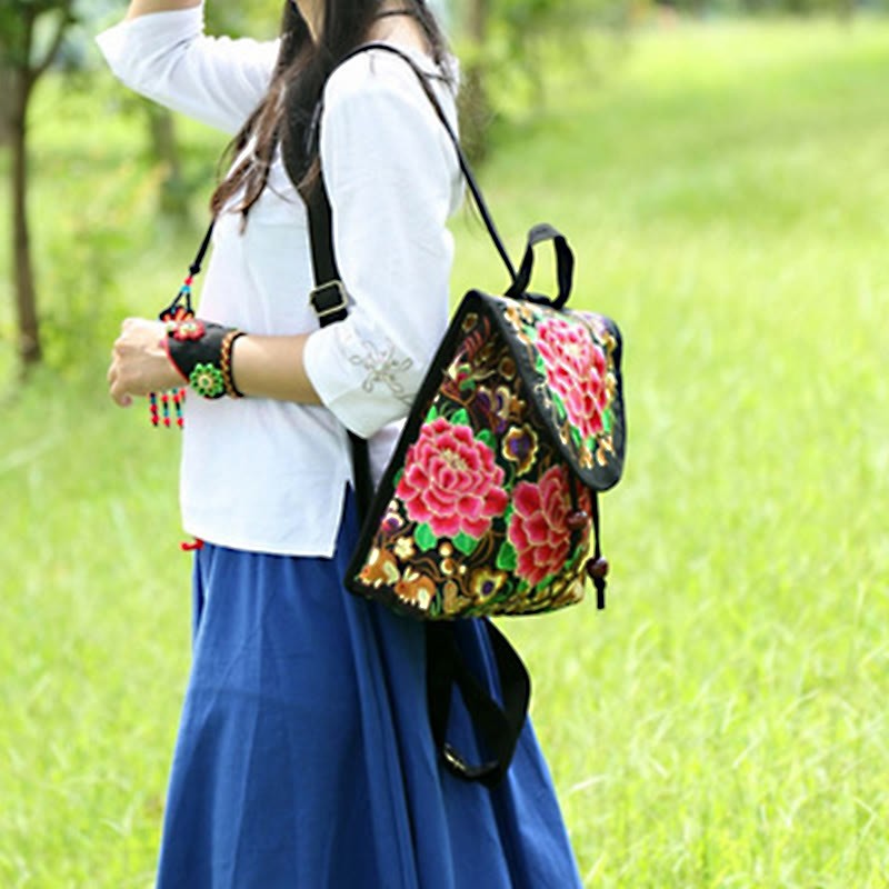 Peony Chinese Money Tree Embroidery Canvas Backpack
