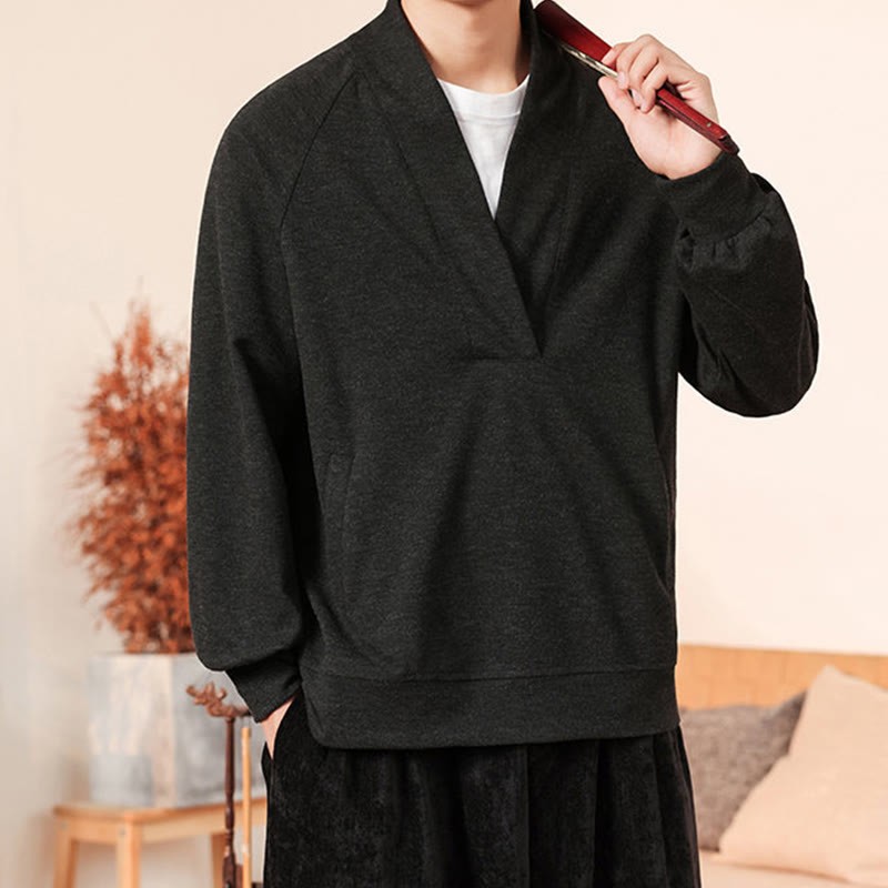 Fall Simple V-Neck Men's Sweatshirt Cotton Pullover With Pockets