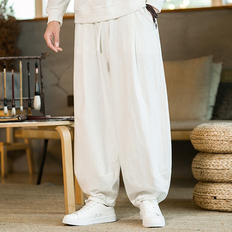 Solid Color Cotton Linen Drawstring Men's Harem Pants With Pockets