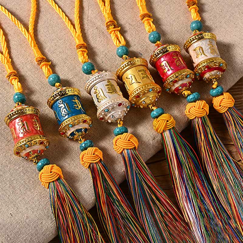 Tibet Om Mani Padme Hum Prayer Wheel Colorful Tassels Bag Car Hanging Decoration