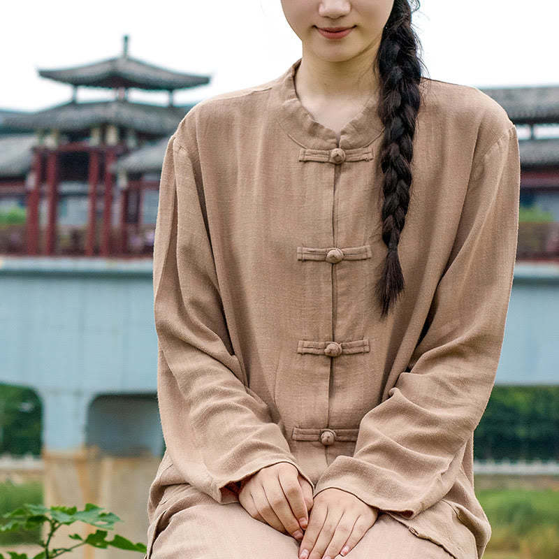 Solid Color Frog-button Long Sleeve Cotton Linen Women's Shirts With Pockets