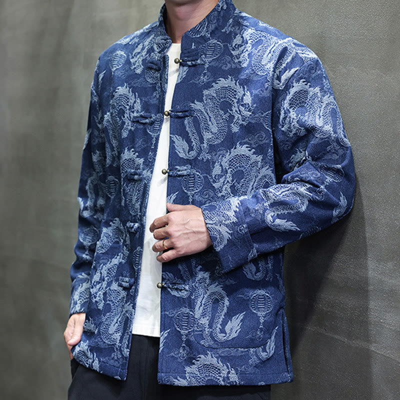Chinese New Year Jacquard Embroidery Dragon Lantern Frog-button Tang Suit Cotton Men's Jacket Shirt With Pockets