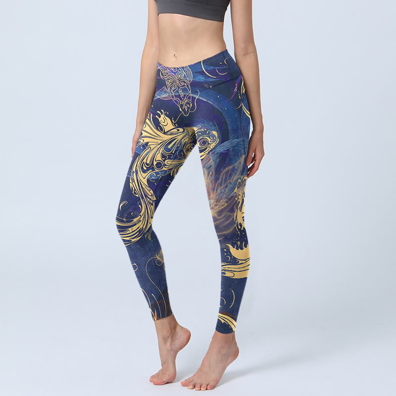 Blue Koi Fish Auspicious Clouds Print Gym Leggings Women's Yoga Pants
