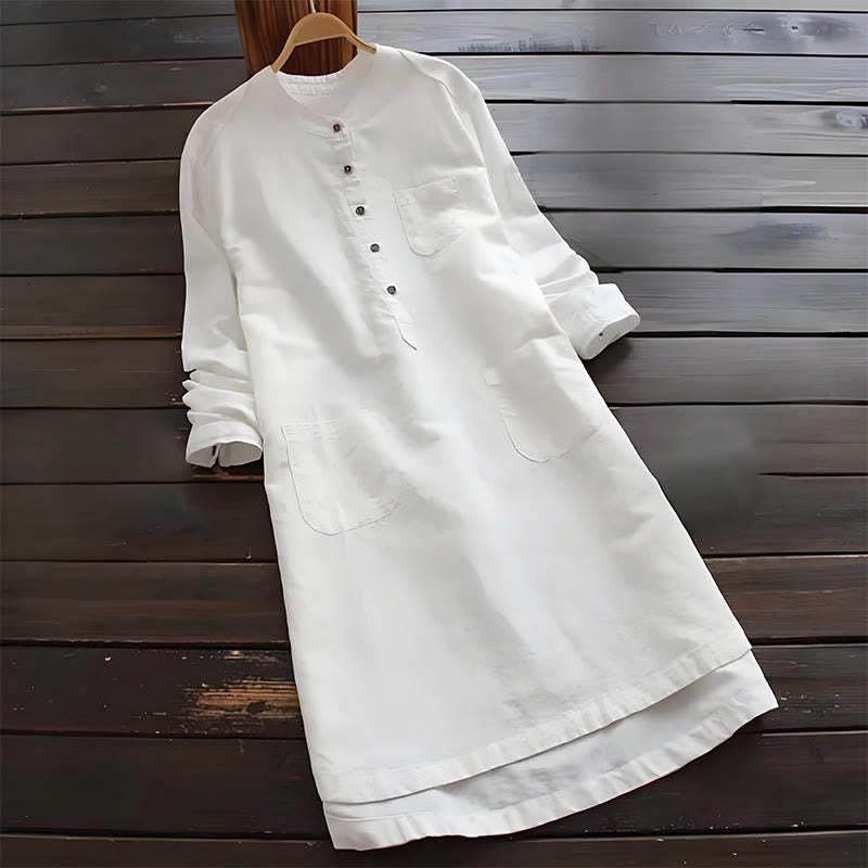 Solid Buttons Long Sleeve Cotton Linen Women's Shirt Dress With Pockets