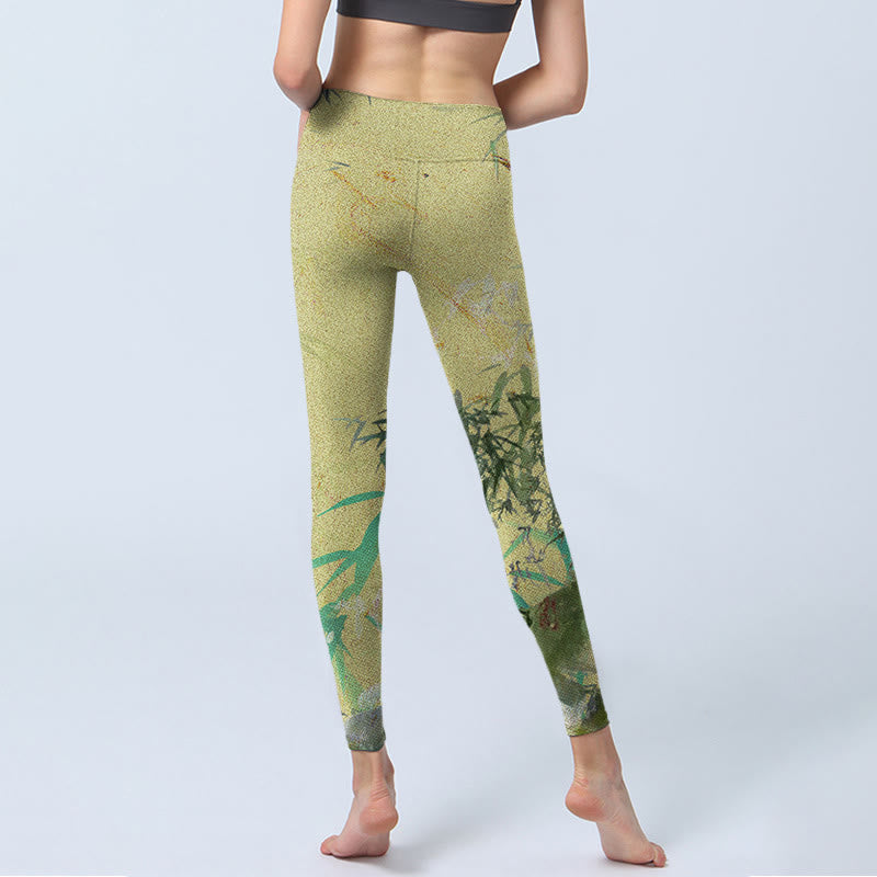 Bamboo Print Lycra Fabric Fitness Leggings Women's Yoga Pants