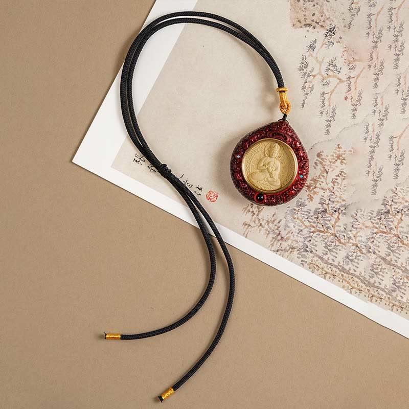Chinese Zodiac Avalokitesvara Small Leaf Red Sandalwood Ebony Longevity Necklace Pendant