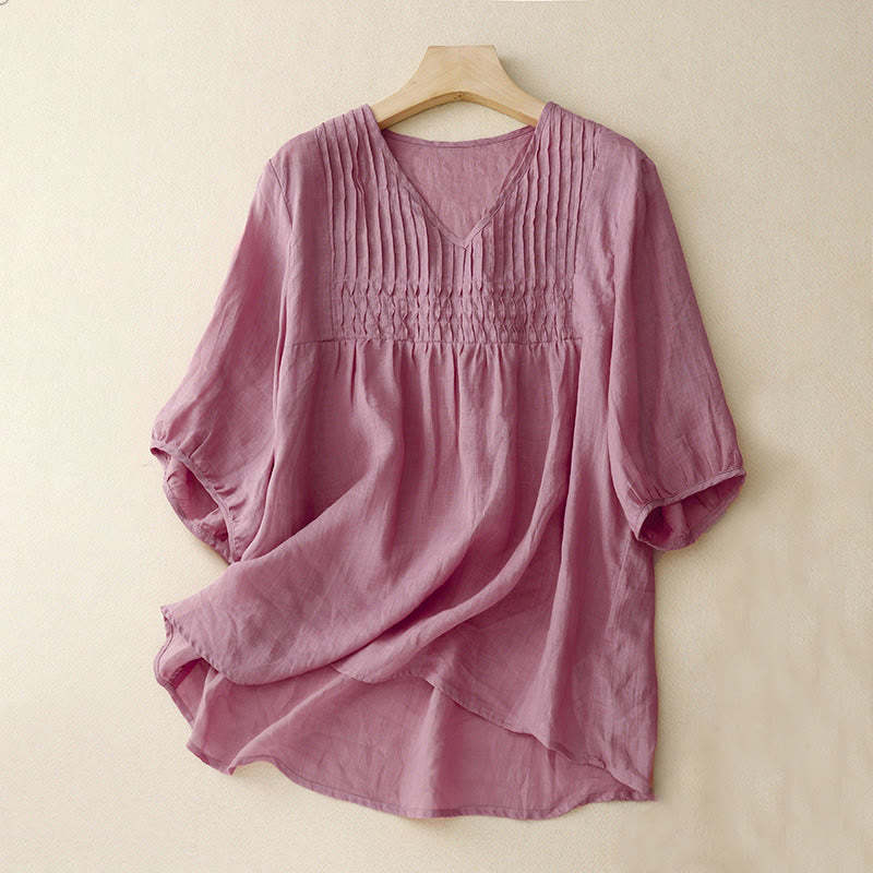 Casual Plain Loose Women's V-Neck Design Half Sleeve Cotton Linen Shirt
