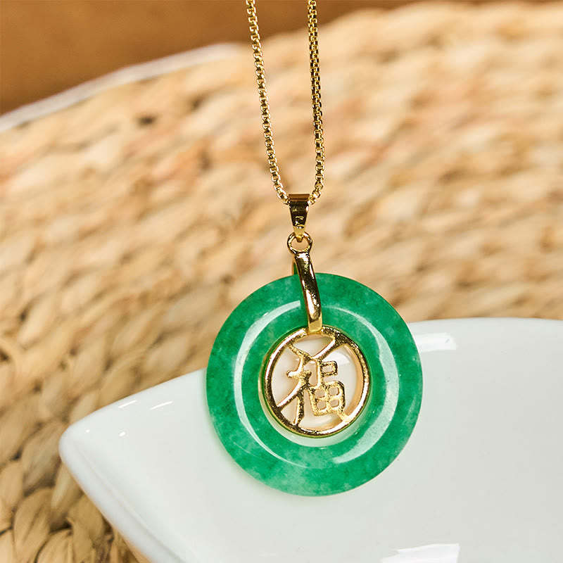 Cyan Jade Fu Character Peace Buckle Healing Luck Necklace Pendant