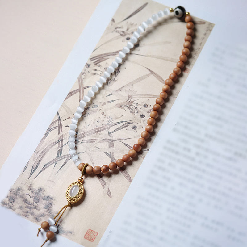 Sandalwood Cat's Eye Three-eyed Dzi Bead Crystal Protectioin Bracelet