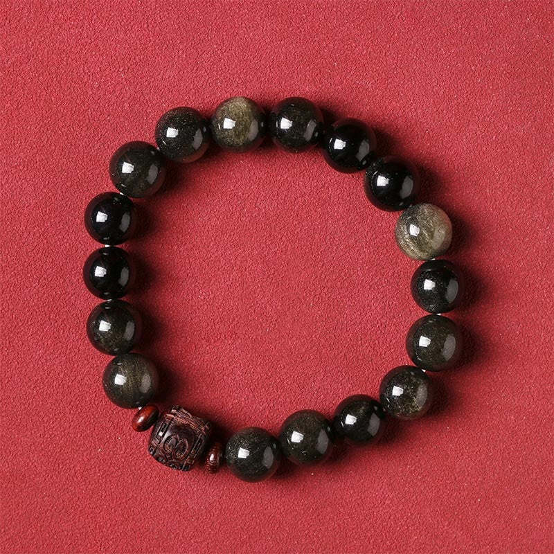 Natural Gold Sheen Obsidian Rainbow Obsidian Om Mani Padme Hum Fu Character Healing Bracelet