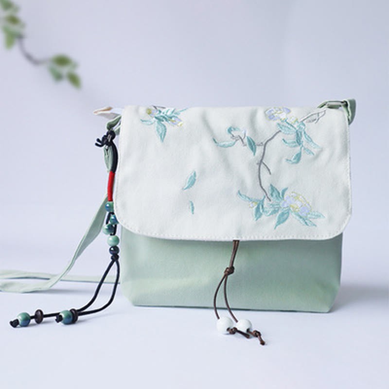 Handmade Embroidered Plum Flowers Canvas Crossbody Bag Shoulder Bag Handbag