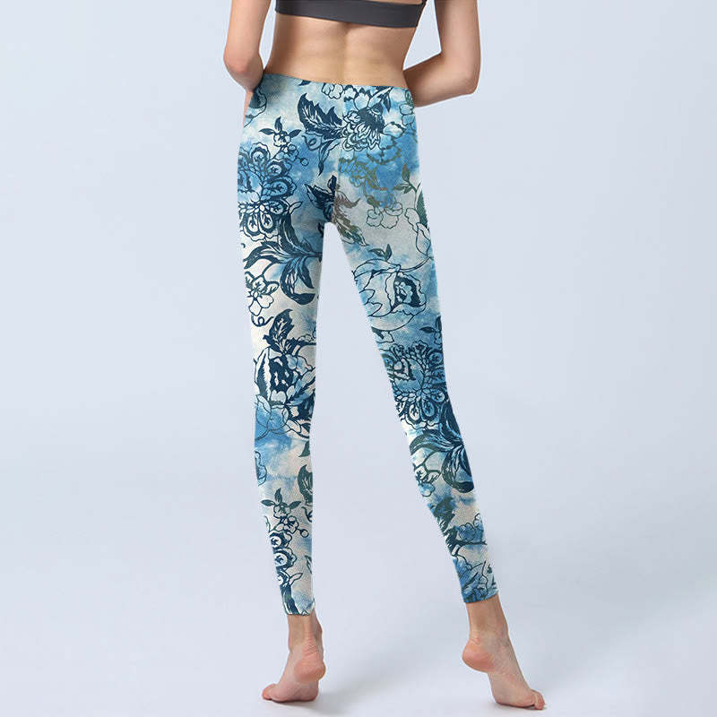 Peony Chrysanthemum Print Gym Leggings Women's Yoga Pants