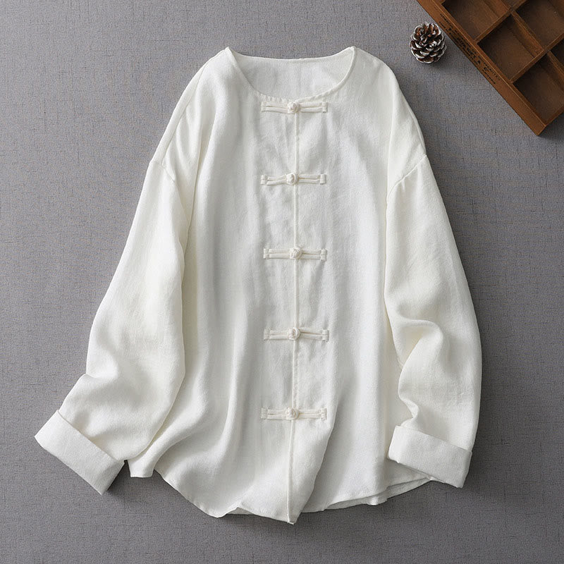 Solid Color Button Long Sleeve Cotton Linen Women's Shirt
