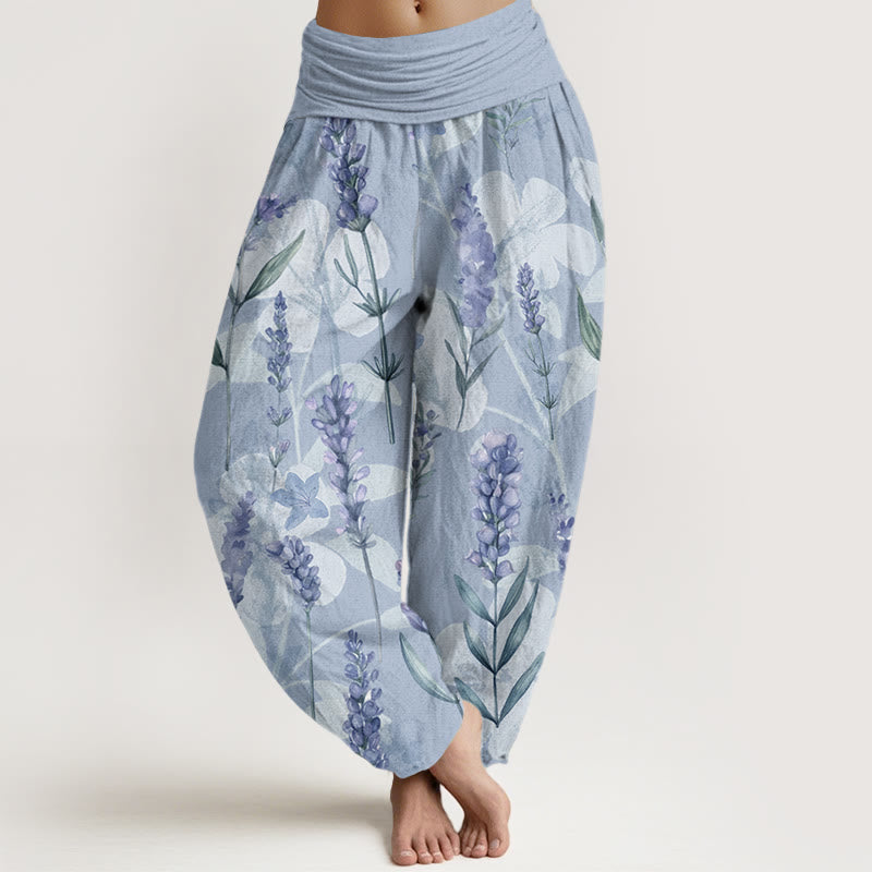 Casual Lavender Flowers Lilies Women's Elastic Waist Harem Pants