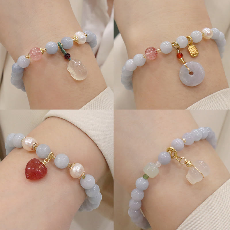 Natural Aquamarine Chalcedony Serenity Rabbit Gourd Cat Charm Bracelet