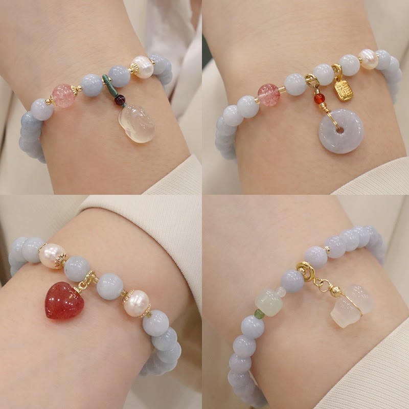 Natural Aquamarine Chalcedony Serenity Rabbit Gourd Cat Charm Bracelet