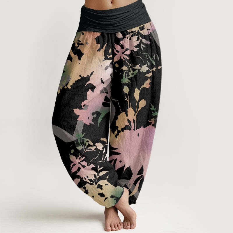Abstract Floral Paintings Ribbon Design Women's Elastic Waist Harem Pants