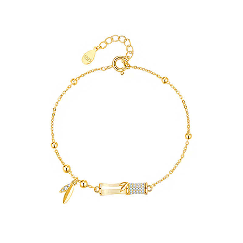 925 Sterling Silver 18K Gold Plated White Jade Bamboo Zircon Leaf Luck Bracelet