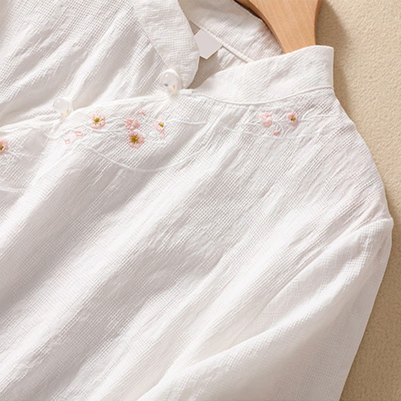 Plum Blossom Embroidery Frog-Button Short Sleeve Cotton Linen Shirt