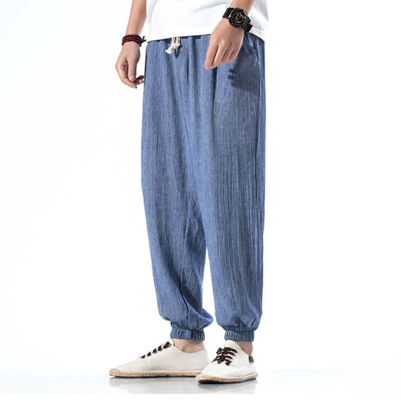 Casual Solid Color Drawstring Linen Men's Pants With Pockets