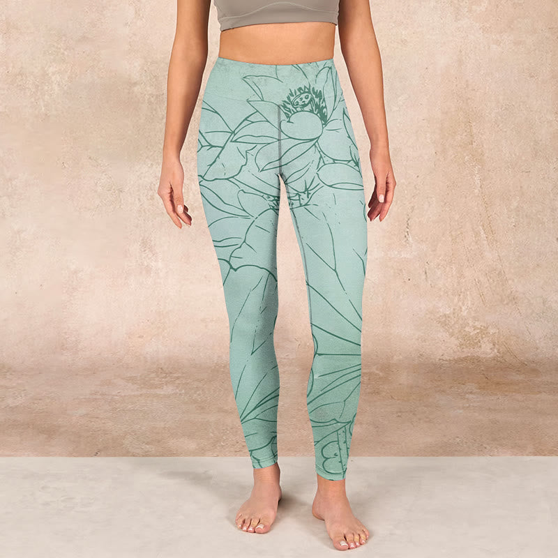 Green Lotus Flower Print Sports Leggings Women's Yoga Pants