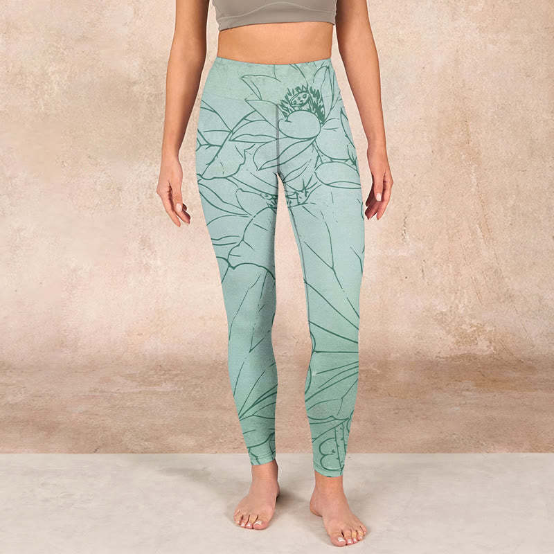 Green Lotus Flower Print Sports Leggings Women's Yoga Pants