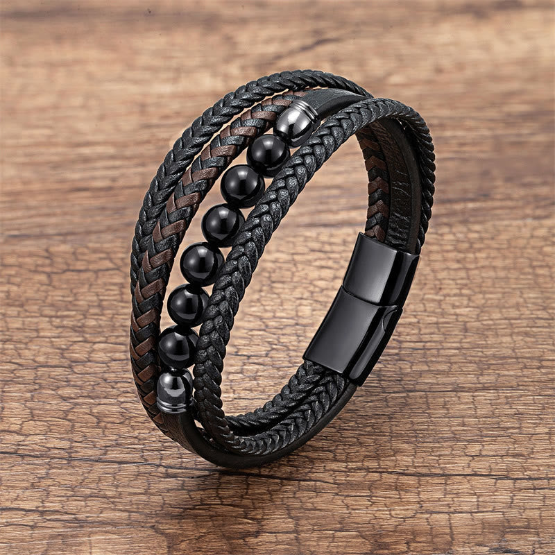 Tiger Eye Lava Rock Black Onyx Lazurite Hematite Bead Positive Leather Bracelet