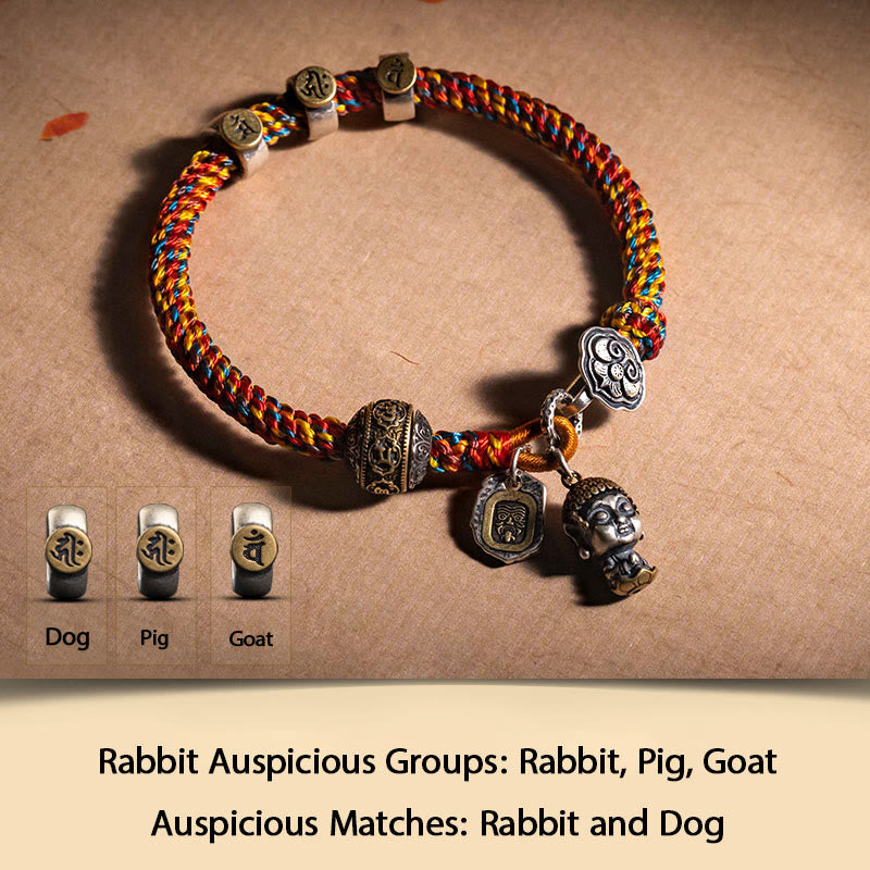 Handmade Tibetan 925 Sterling Silver Chinese Zodiac Natal mystic zen Zakiram Goddess of Wealth Protection Multicolored Rope Braided Bracelet