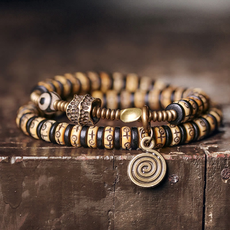 Yak Bone Ebony Wood Copper Brass Strength Double Wrap Bracelet