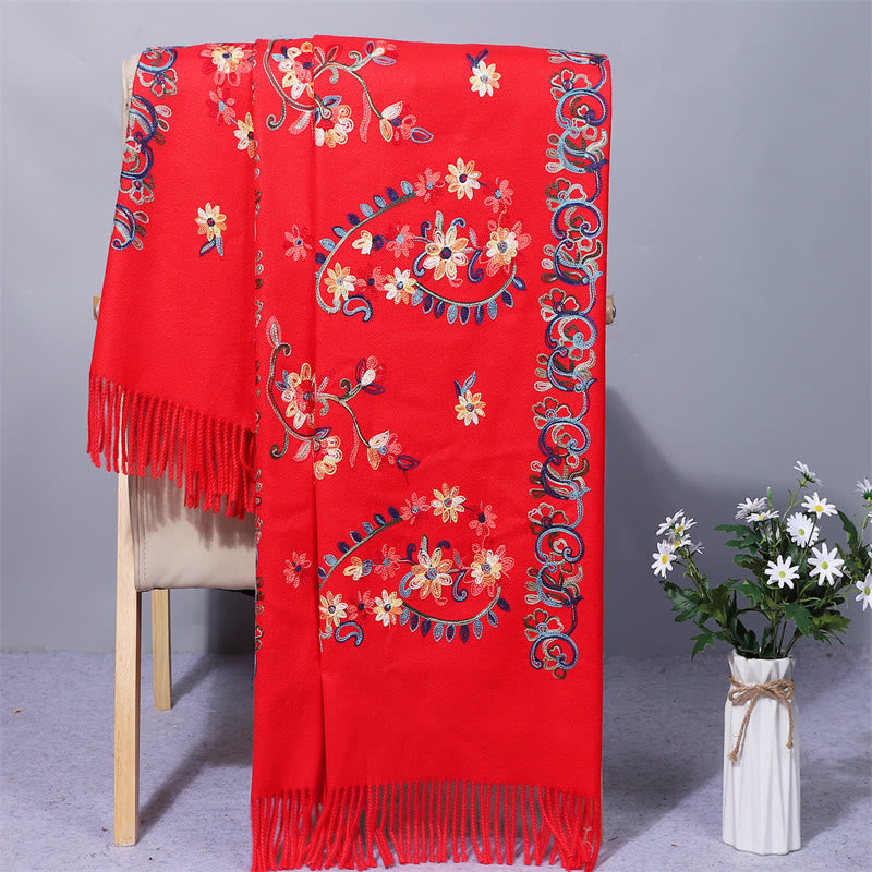 Polyester Shawl Colorful Flower Ethnic Style Embroidery Tassel Winter Cozy Travel Scarf Wrap