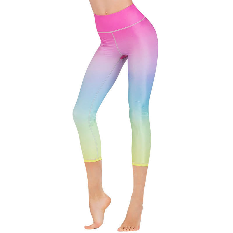 Lotus Cherry Blossom Gradient Peacock Print Lycra Fabric Sports Cropped Leggings Women's Yoga Capri Pants