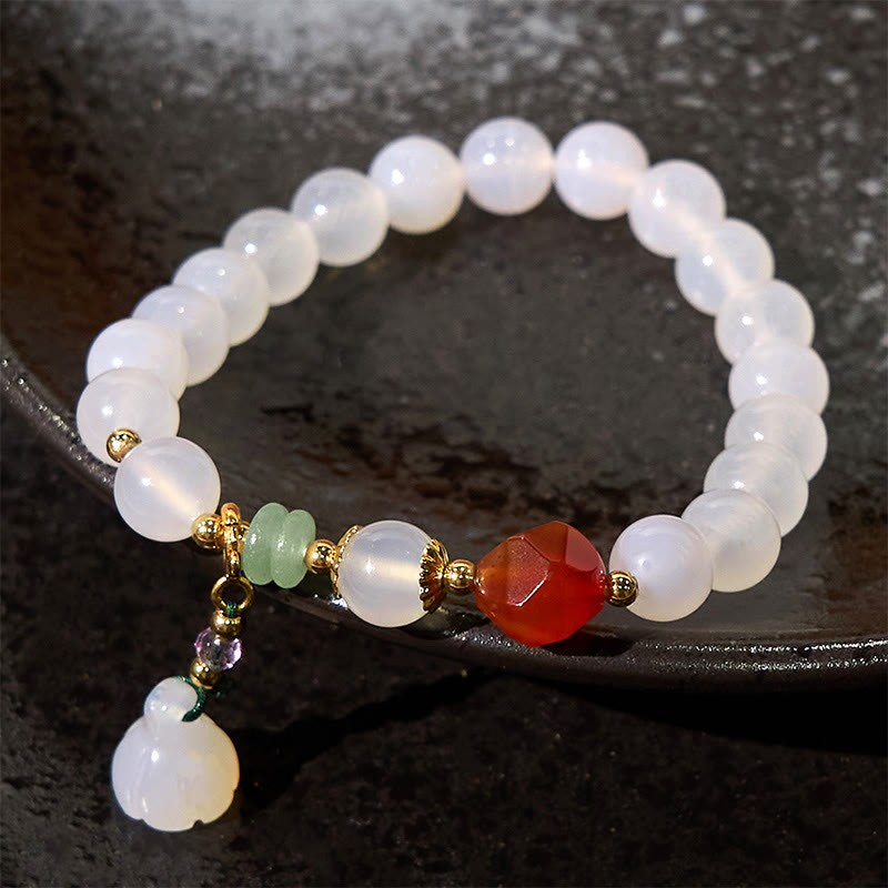 White Agate Red Agate Lotus Pod Charm Luck Bracelet