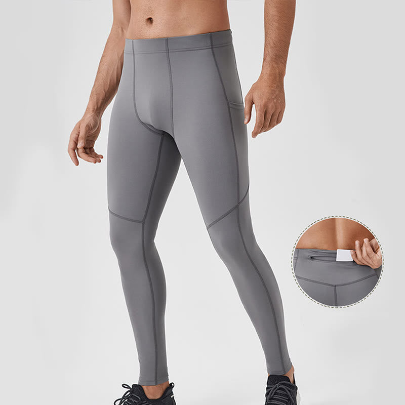 Solid Color High Waist Elastic Breathable Sports Men's Leggings Pants With Back Zipper Pocket