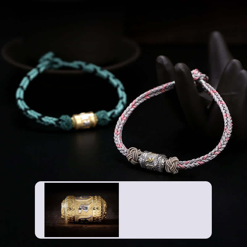 925 Sterling Silver Om Mani Padme Hum Prayer Wheel Luck Strength Red String Bracelet