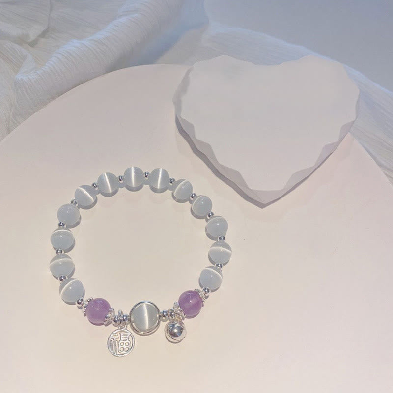 Cat's Eye Amethyst Fu Character Bell Charm Support Bracelet